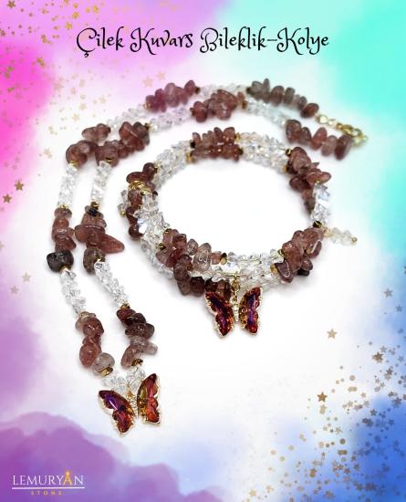 Çilek Kuvars Kadın Tasarım Kolye & Bileklik Set
