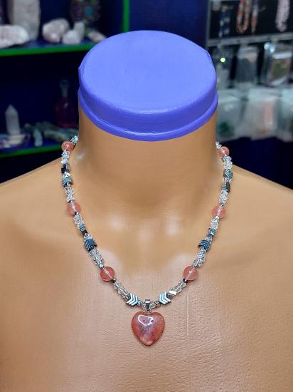 Çilek Kuvars & Hematit Kadın Tasarım Doğaltaş Kolye 