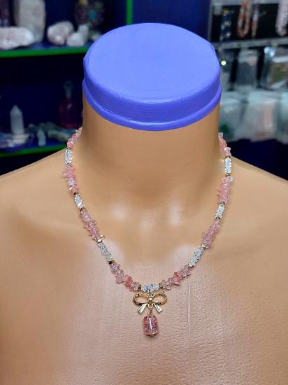 Çilek Kuvars Kadın Tasarım Doğaltaş Minimal Kolye 