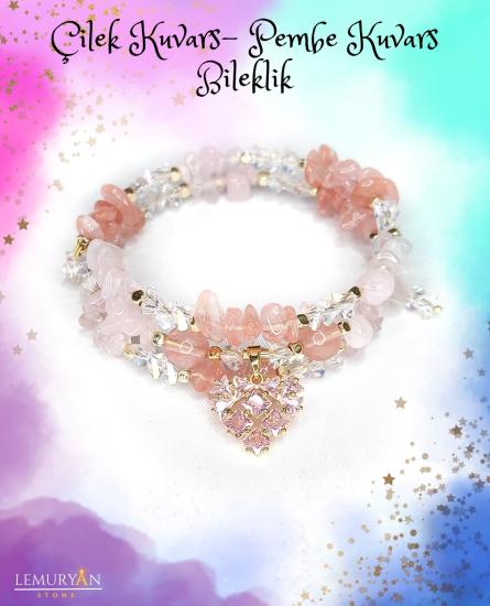 ÇilekKuvars & Pembe Kuvars Kadın Tasarım Helezon Tel Bileklik