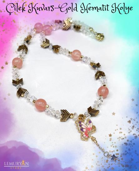Çilek Kuvars - Gold Hematit Kadın Tasarım Kolye