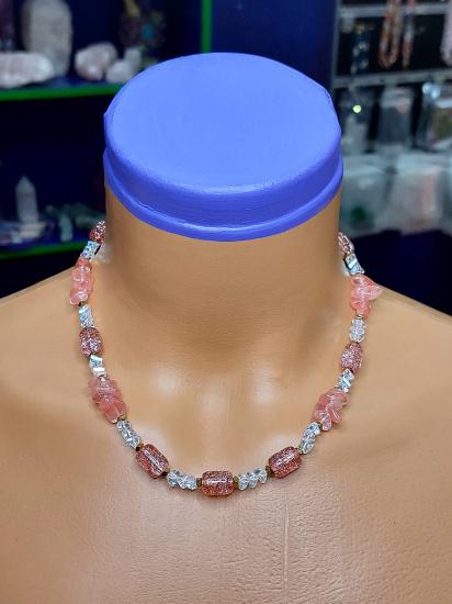 Çilek Kuvars Kadın Tasarım Doğaltaş Kolye 