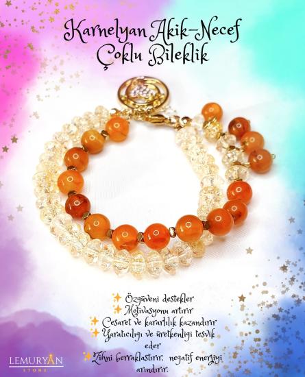 Karnelyan Akik & Necef Taşı Kadın Tasarım Doğaltaş Çoklu Bileklik