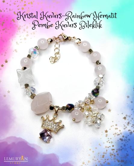 Kristal Kuvars- Rainbow Hematit - Pembe Kuvars Kadın Tasarım Doğaltaş Bileklik