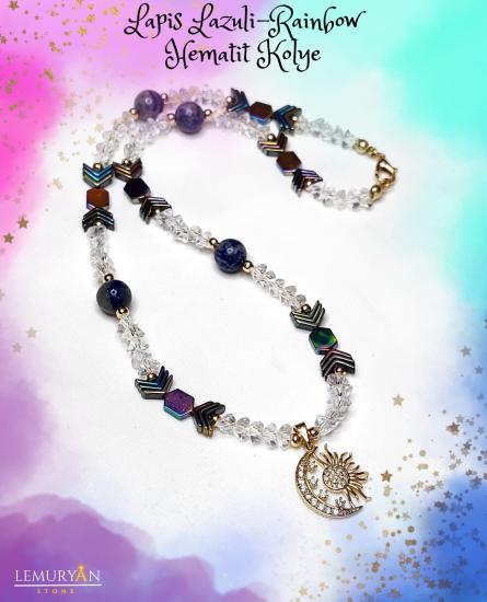 Lapis Lazuli & Rainbow Hematit Kadın Tasarım Enerji Kolyesi