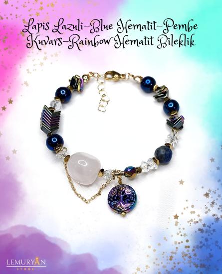 Lapis Lazuli -Blue Hematit - Pembe Kuvars - Rainbow Hematit Kadın Tasarım Doğaltaş Bileklik