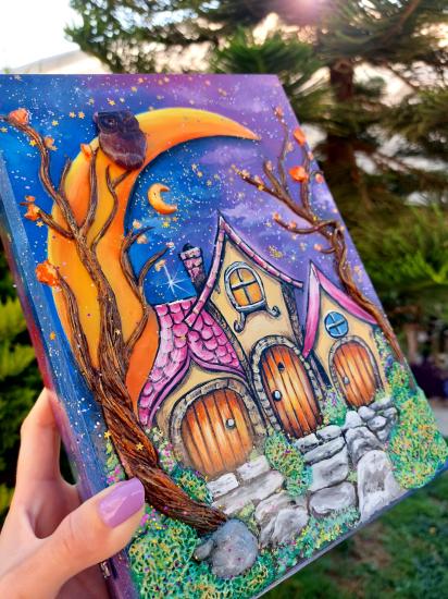 Masalsı Florit Baykuşlu Ay Temalı El Yapımı Kutu – Fantastik Peri Evi Kutusu