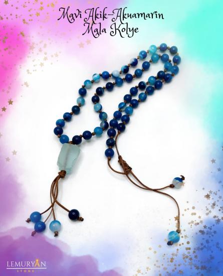 Mavi Akik & Akuamarin Unisex Doğaltaş Mala Kolye 