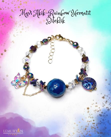 Mavi Akik & Rainbow Hematit Kadın Tasarım Doğaltaş Bileklik