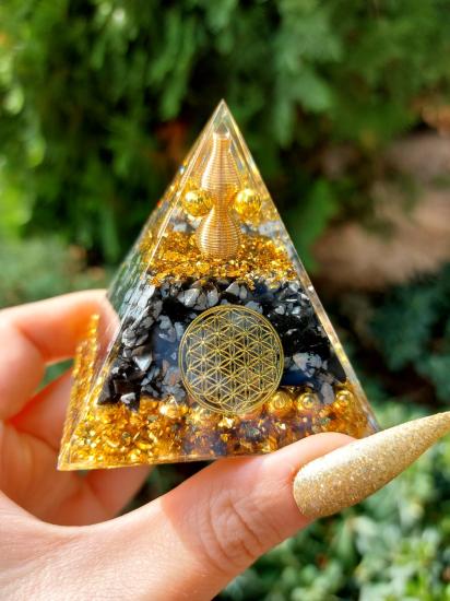 Obsidyen Flower Of Life Gold Ganslı Orgonit Piramit