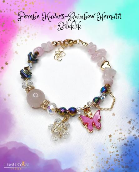Pembe Kuvars &  Rainbow Hematit Kadın Tasarım Doğaltaş Bileklik