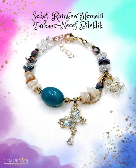 Sedef - Rainbow Hematit - Turkuaz - Necef Kadın Tasarım Doğaltaş Bileklik