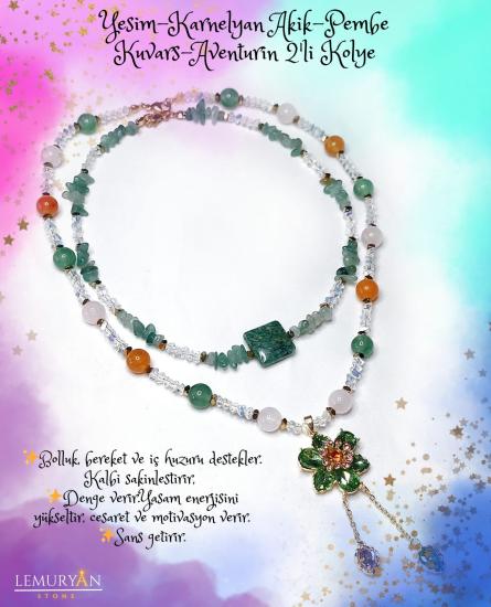 Yeşim Taşı - Karnelyan Akik - Pembe Kuvars - Aventurin 2’li Kadın Tasarım Kolye