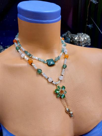 Yeşim Taşı - Karnelyan Akik - Pembe Kuvars - Aventurin 2’li Kadın Tasarım Kolye