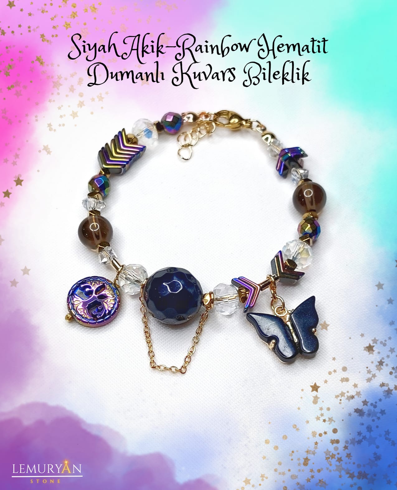 Siyah Akik- Rainbow Hematit - Dumanlı Kuvars Kadın Tasarım Doğaltaş Bileklik