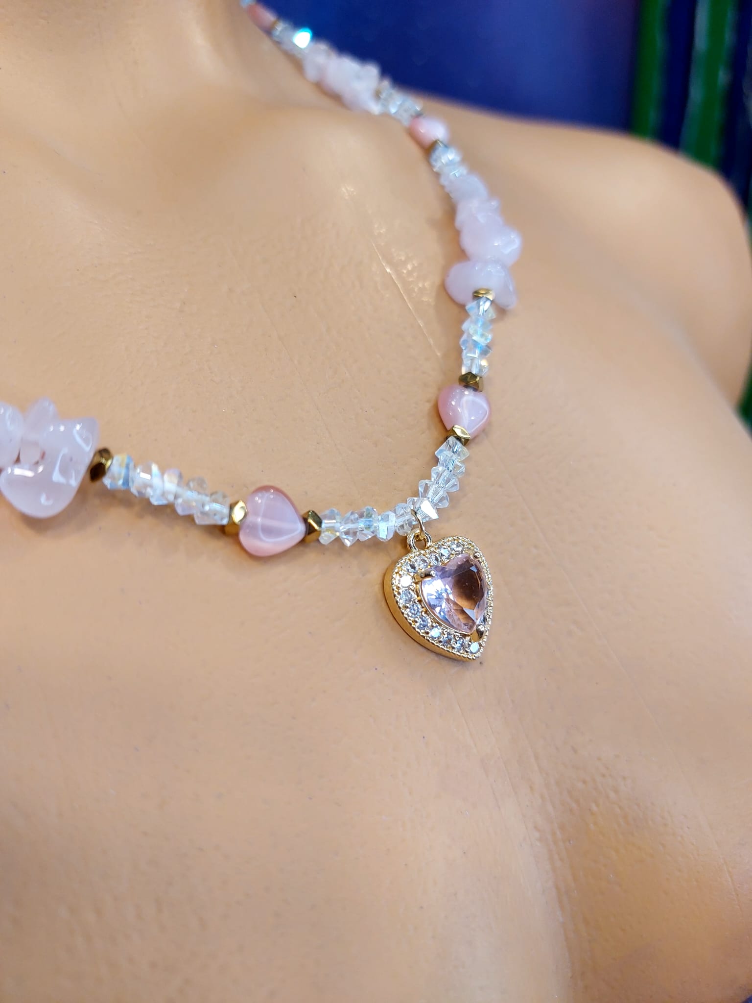 Pembe Kuvars & Kedigözü Kadın Tasarım Doğaltaş Kolye 