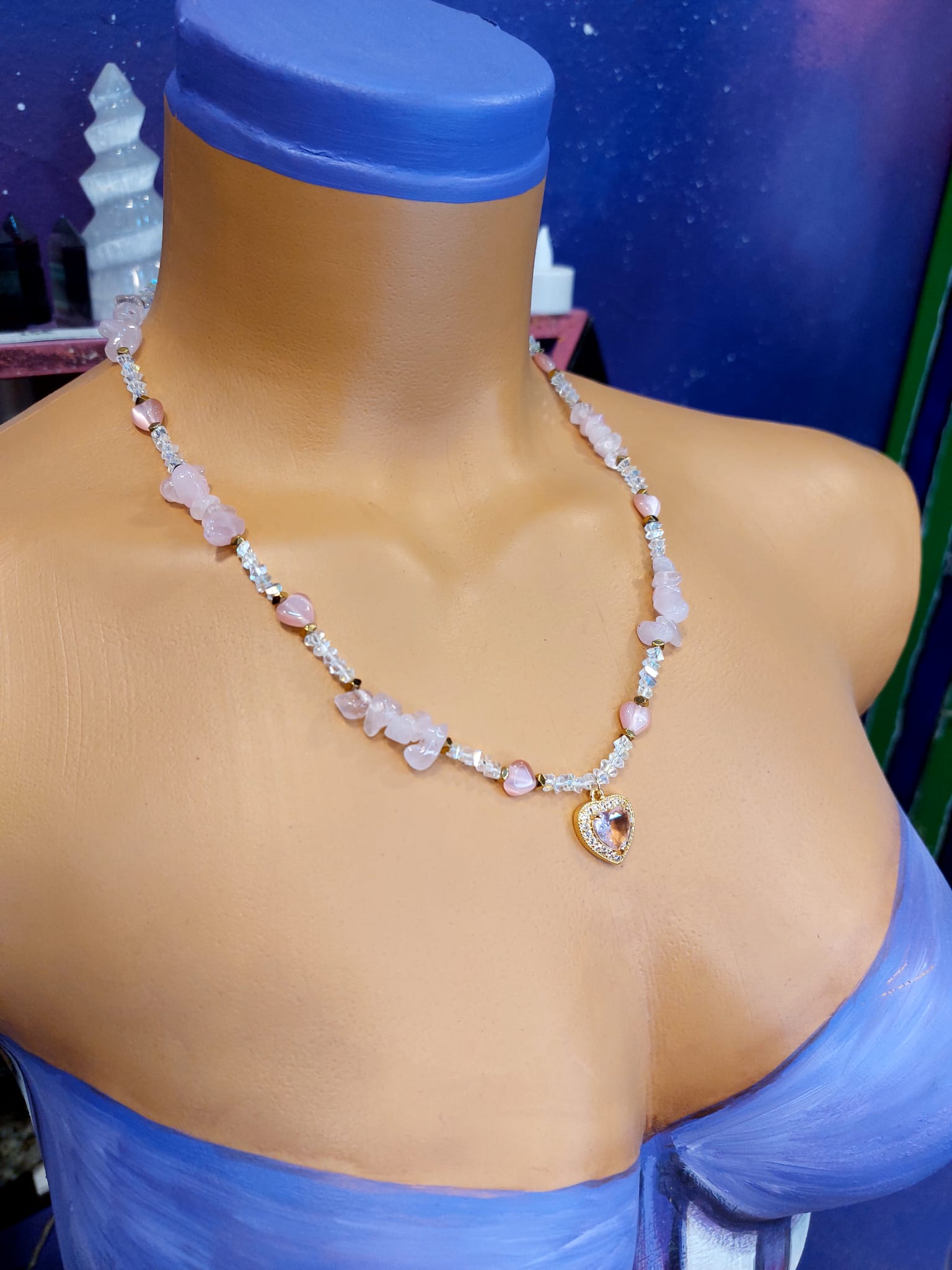 Pembe Kuvars & Kedigözü Kadın Tasarım Doğaltaş Kolye 