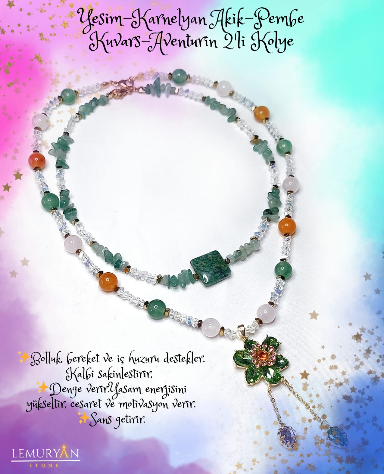 Yeşim Taşı - Karnelyan Akik - Pembe Kuvars - Aventurin 2’li Kadın Tasarım Kolye