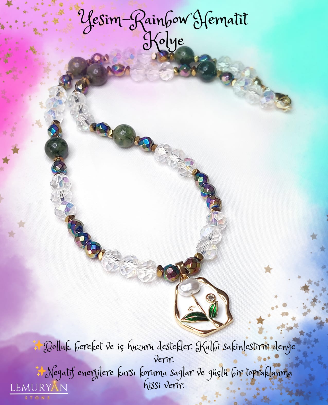 Yeşim Taşı - Rainbow Hematit Kadın Tasarım Kolye