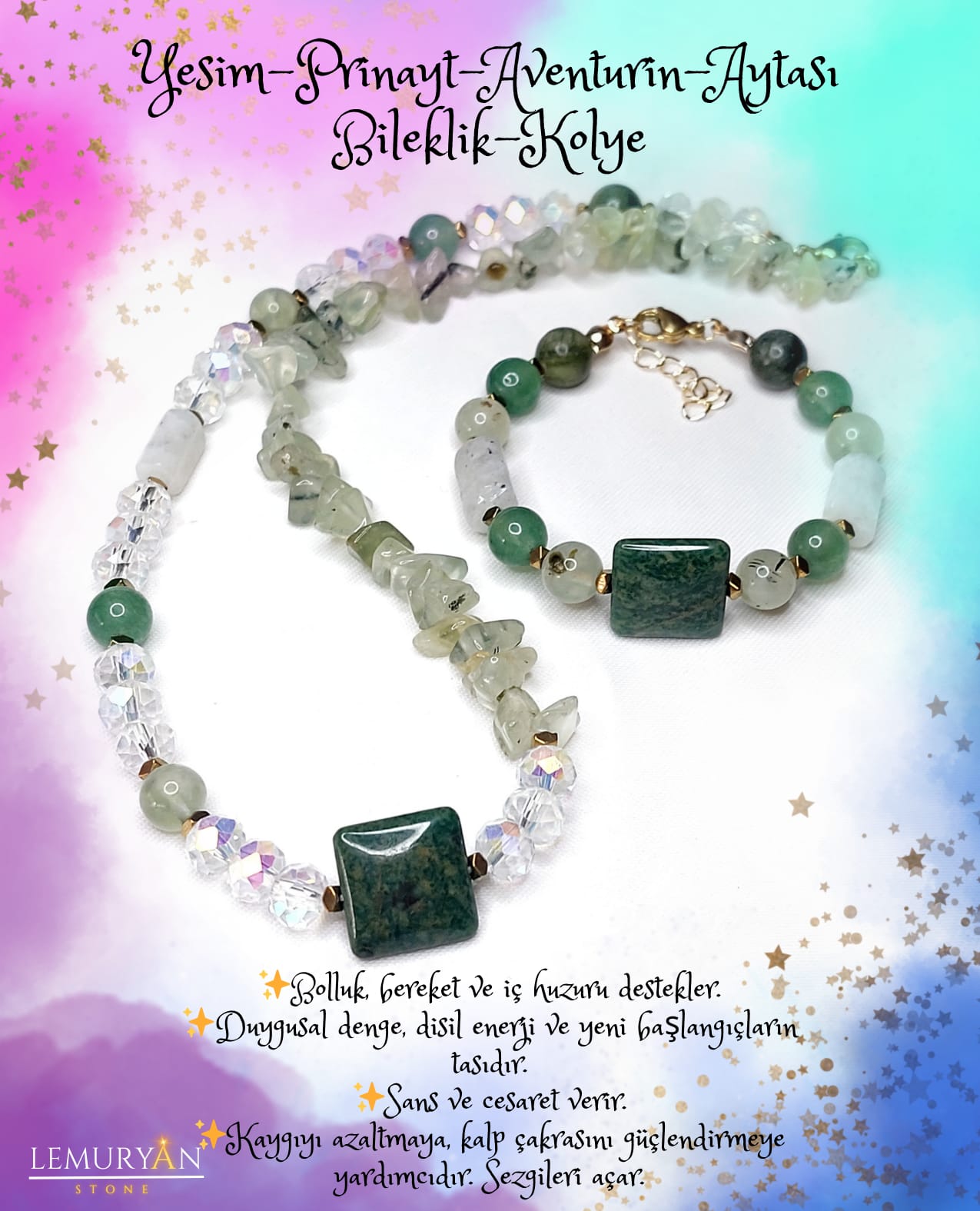 Yeşim Taşı - Prinayt - Aventurin - Aytaşı Kadın Tasarım Doğaltaş Kolye & Bileklik Seti