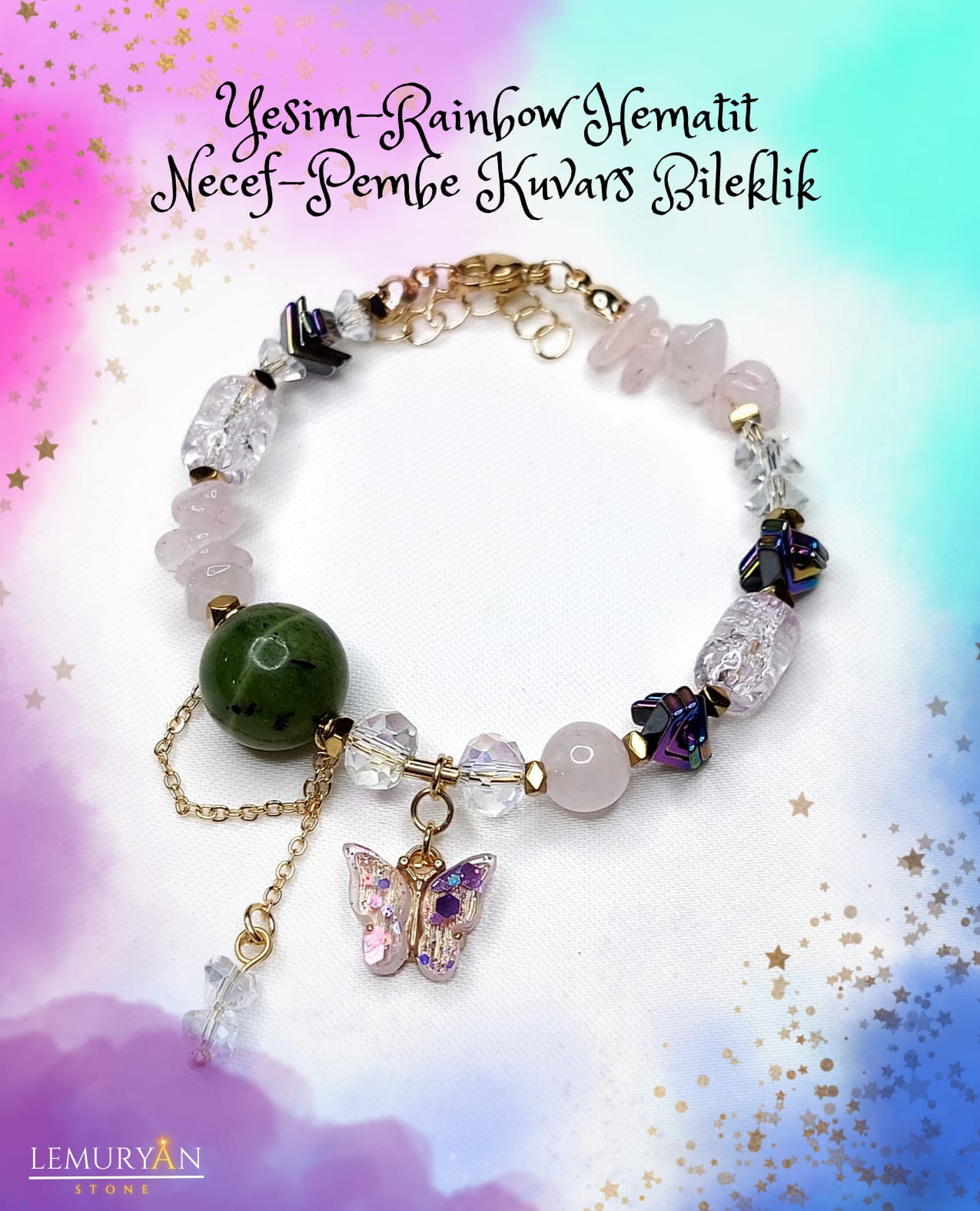 Yeşim - Rainbow Hematit - Necef - Pembe Kuvars Kadın Tasarım Doğaltaş Bileklik